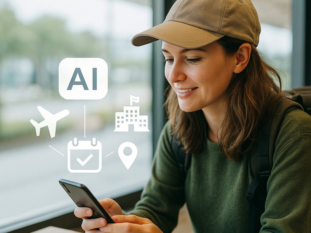 Young woman sitting at a table and using her smartphone for AI-powered travel planning, with floating icons of an airplane, hotel, calendar, and map.
