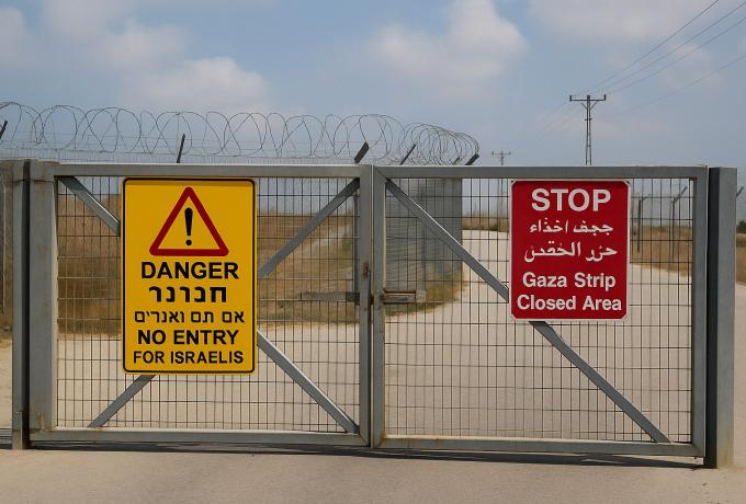 Closed border crossing gate with warning signs at Gaza entry point